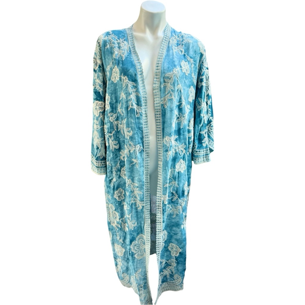 Raj Boho Kimono Duster Teal Embroidered Viscose One Size Beach Cover Up